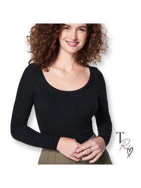 SPANX NWT Rib Scoop Neck Tee Long Sleeve Black Ribbed Size Large